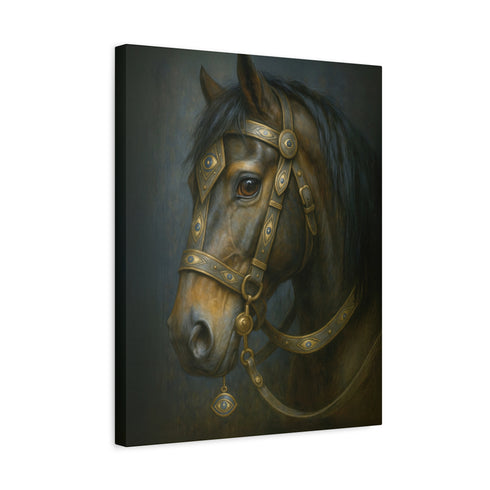 A rectangular, vertical matte canvas print depicting a classical, painterly portrait of a horse's head in profile. The horse is a deep, dark brown with a flowing black mane. It is adorned with an ornate and intricate bridle made of dark leather and burnished gold metal plates, featuring detailed scrollwork. A small, eye-shaped charm with a blue center dangles from the bridle near the horse's cheek. The lighting is dramatic chiaroscuro, with a soft light illuminating the horse's face.